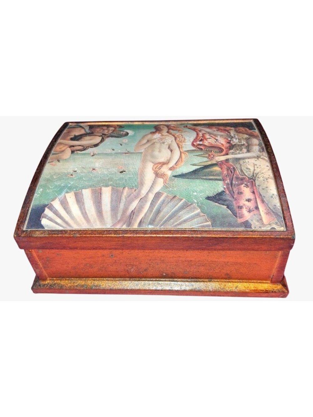 Botticelli Birth Of Venus Wooden Trinket Box Hinged Lid Gold Interior Vintage Lo